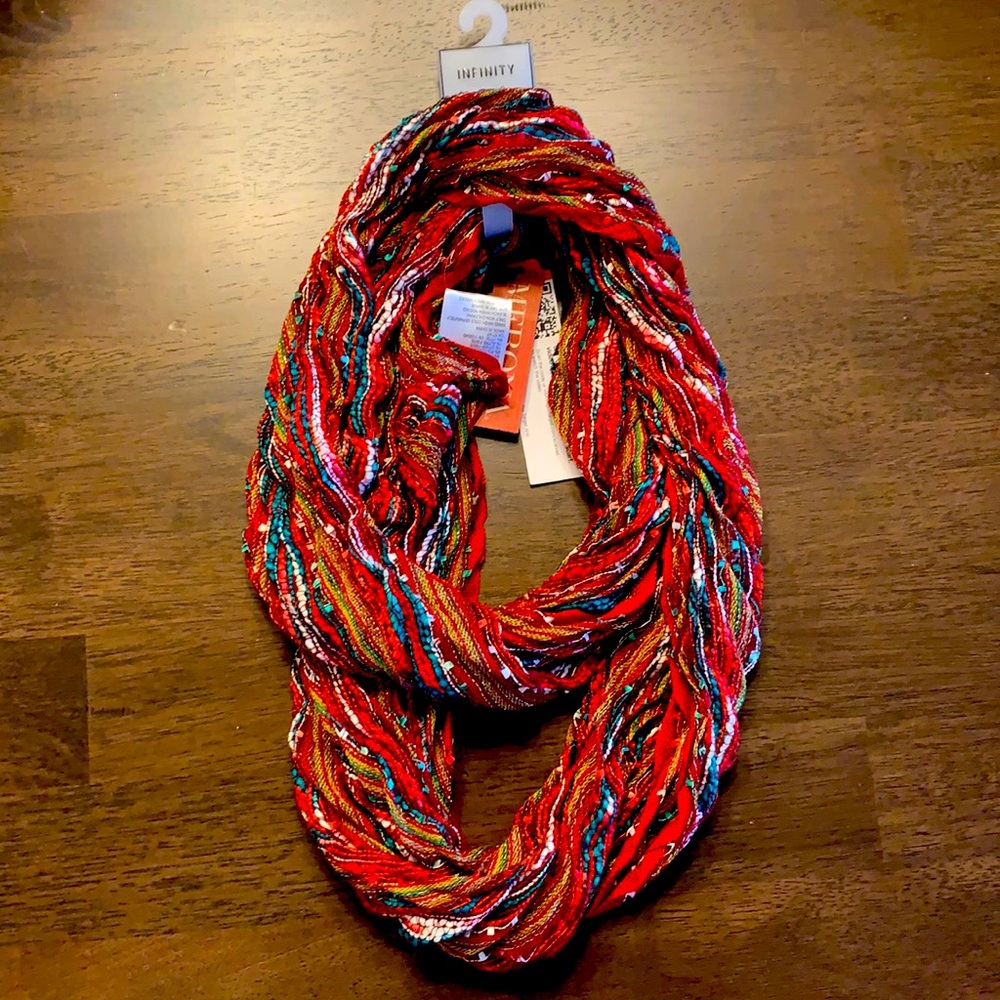 Merona Red Green White Pleat Loop Infinity Scarf NWT